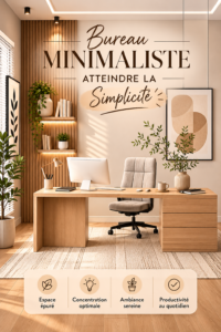 Un bureau à domicile minimaliste avec un espace de travail apaisant et bien organisé.