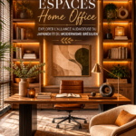 bureau inspiré du style Japandi et modernisme brésilien avec plantes et mobilier en bois
