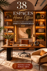 bureau inspiré du style Japandi et modernisme brésilien avec plantes et mobilier en bois