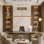 Un bureau moderne au style néoclassique élégant avec des espaces de travail soigneusement aménagés.