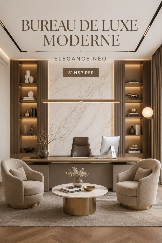 Un bureau moderne au style néoclassique élégant avec des espaces de travail soigneusement aménagés.