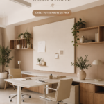 Un bureau minimaliste et apaisant, avec des plantes et des couleurs douces.