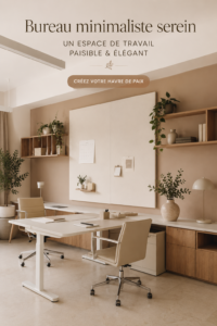 Un bureau minimaliste et apaisant, avec des plantes et des couleurs douces.