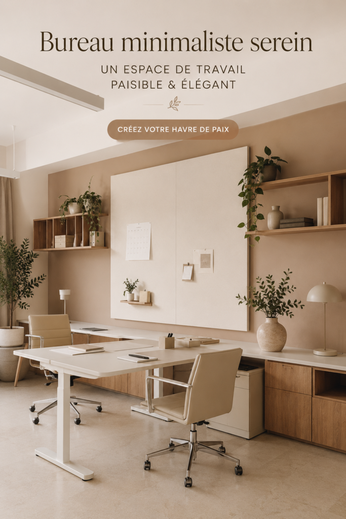 Un bureau minimaliste et apaisant, avec des plantes et des couleurs douces.