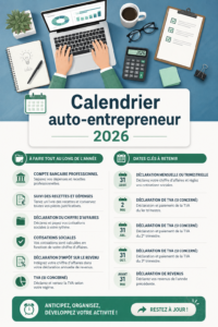Exemple de calendrier 2026 pour auto-entrepreneurs avec espace pour notes.