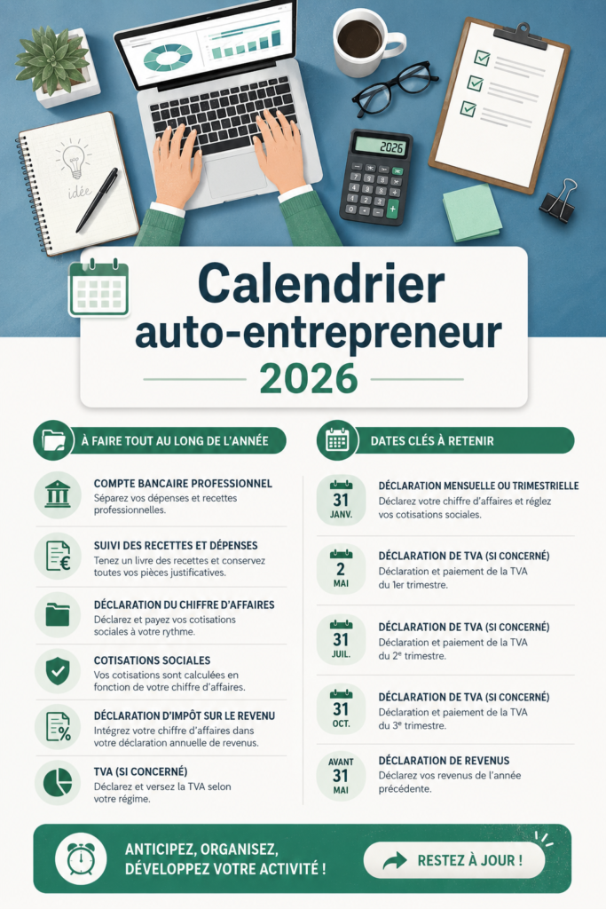 Exemple de calendrier 2026 pour auto-entrepreneurs avec espace pour notes.