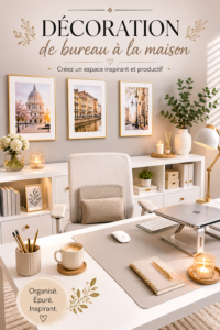 Un bureau à domicile bien décoré avec des éléments de style moderne et pratique.