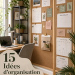 Bureau à la maison organisé avec des accessoires pratiques et des plantes