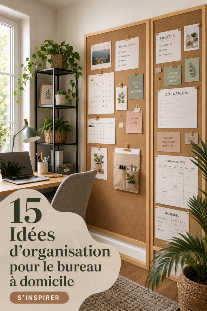 Bureau à la maison organisé avec des accessoires pratiques et des plantes