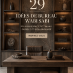 Un bureau Wabi Sabi avec des éléments naturels, plants et objets décoratifs apaisants.