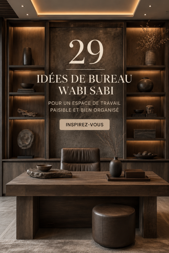 Un bureau Wabi Sabi avec des éléments naturels, plants et objets décoratifs apaisants.