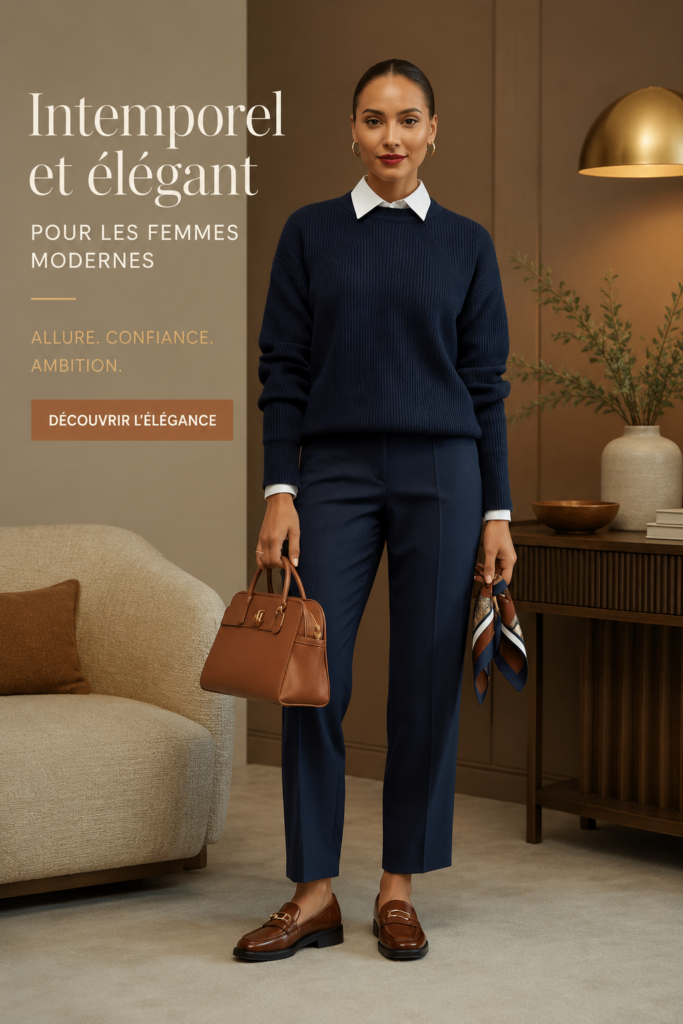 Une femme moderne portant une tenue de travail élégante et intemporelle.