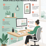 Un bureau bien organisé avec des plantes et un éclairage doux pour un environnement de travail agréable.