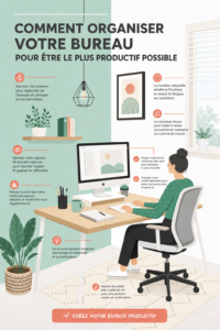 Un bureau bien organisé avec des plantes et un éclairage doux pour un environnement de travail agréable.