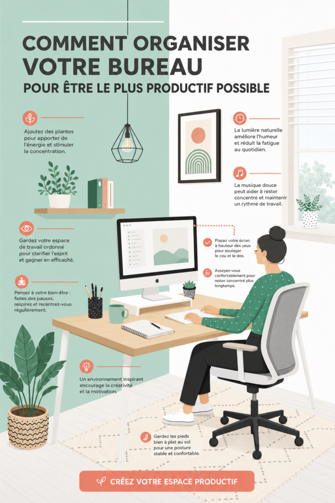 Un bureau bien organisé avec des plantes et un éclairage doux pour un environnement de travail agréable.