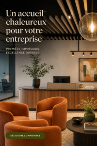 Une chaleureuse réception d'entreprise bien décorée avec des plantes et des lumières tamisées.