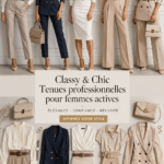Femme en tenue professionnelle chic au bureau, vêtue d'un blazer élégant et d'un pantalon bien coupé.