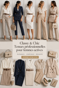Femme en tenue professionnelle chic au bureau, vêtue d'un blazer élégant et d'un pantalon bien coupé.