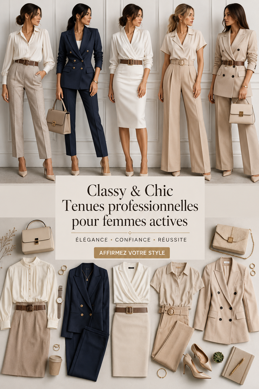 Femme en tenue professionnelle chic au bureau, vêtue d'un blazer élégant et d'un pantalon bien coupé.