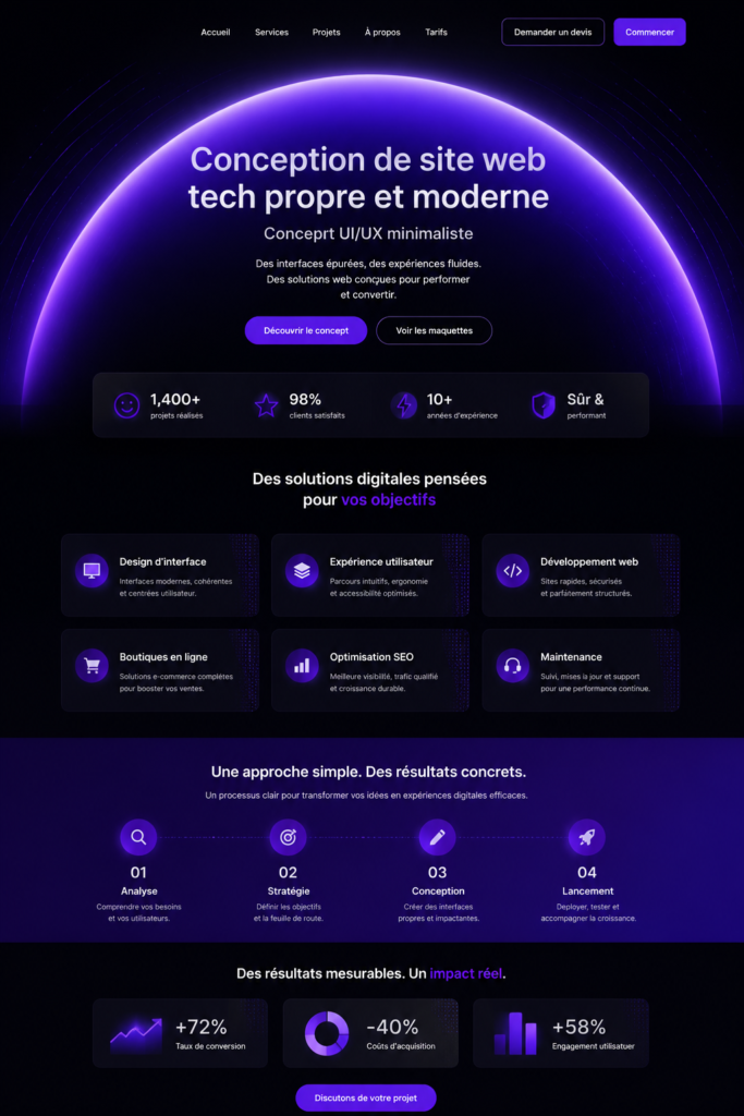 Un aperçu d'une interface utilisateur moderne et épurée pour un site web tech.