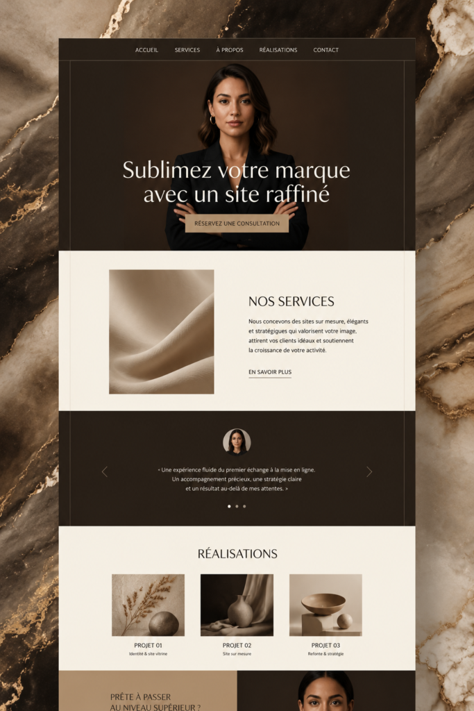 Capture d'écran d'un site web raffiné mettant en avant une marque féminine
