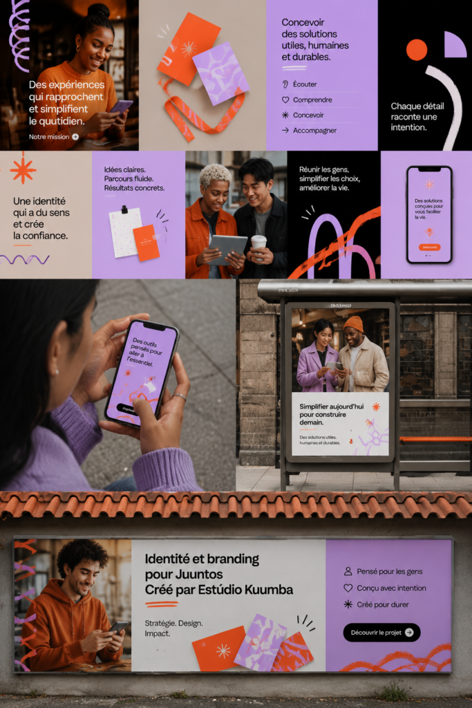 Image représentant les éléments de branding de Juuntos avec un design moderne et créatif.