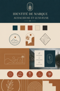 Une illustration montrant une identité de marque audacieuse et luxueuse avec des éléments graphiques élégants.