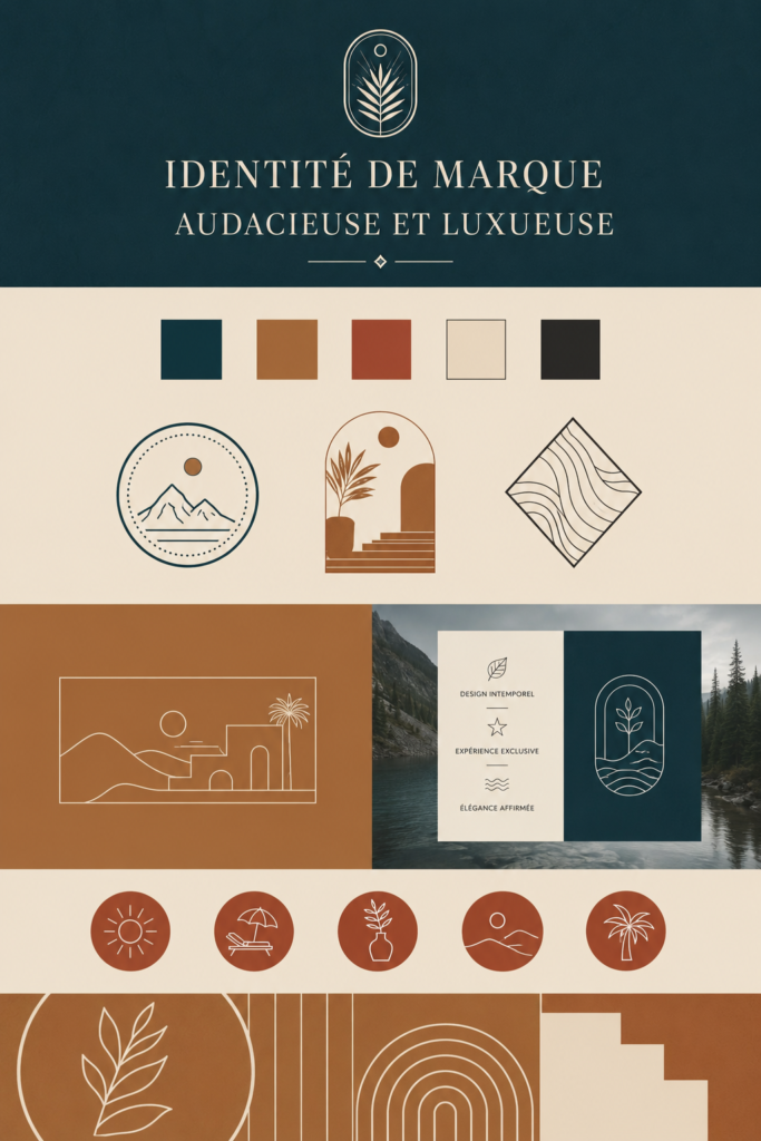 Une illustration montrant une identité de marque audacieuse et luxueuse avec des éléments graphiques élégants.