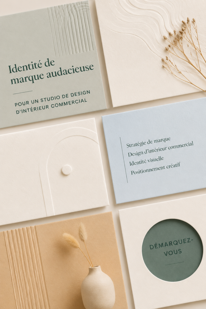 Identité de marque audacieuse pour un studio de design intérieur avec des couleurs vives et un logo distinctif.