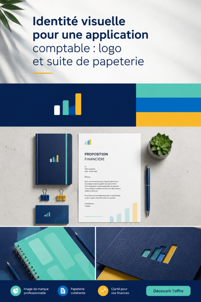 Exemple d'une application de comptabilité avec un logo moderne et une papeterie assortie.