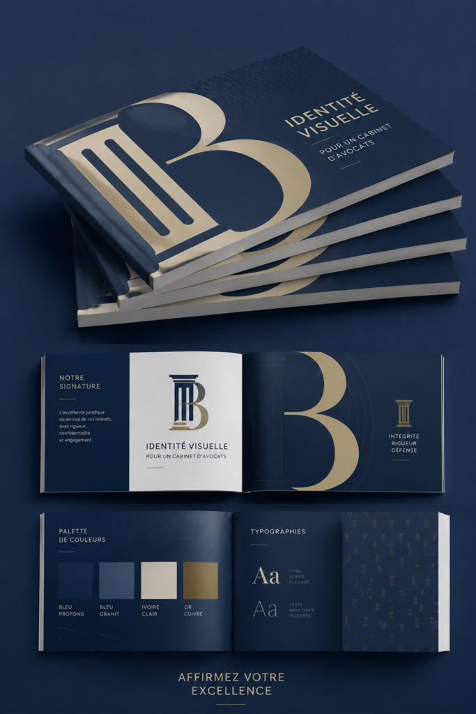 Logo moderne représentant un cabinet d'avocats avec des éléments de design professionnel.