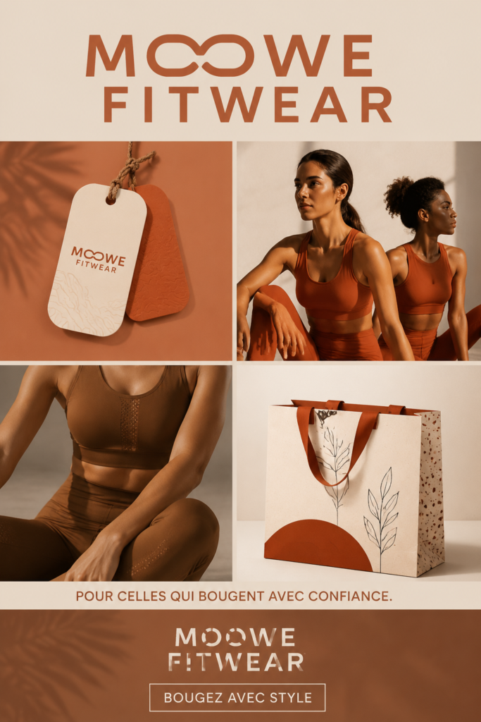 Un montage visuel présentant des pièces de la collection Moowe Fitwear mettant en avant l'identité visuelle de la marque.