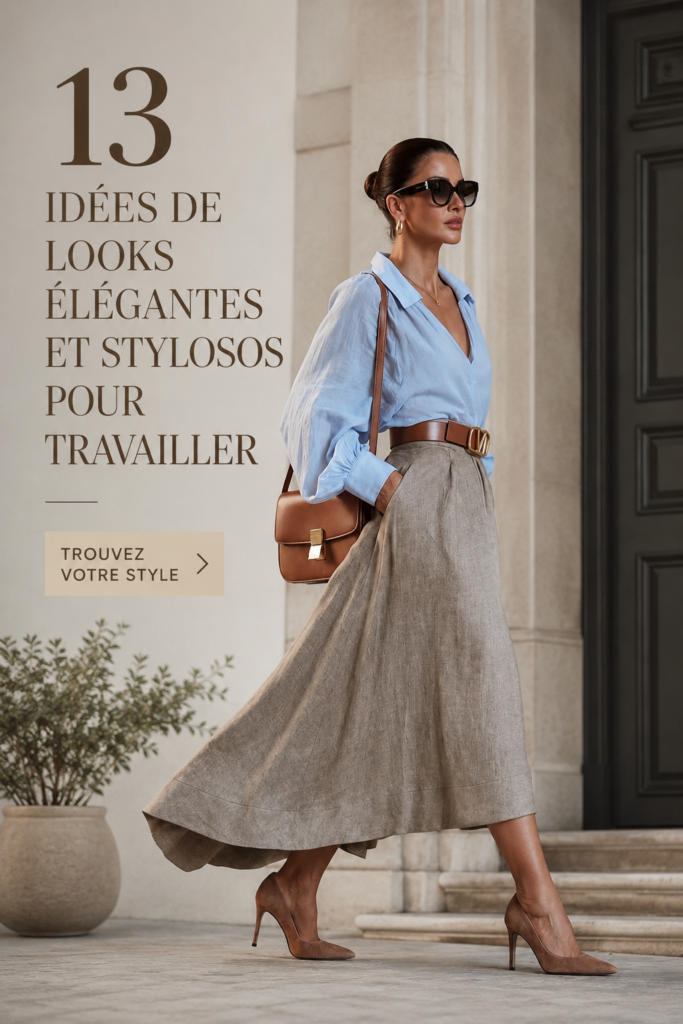 Une femme élégamment habillée pour le bureau avec un look chic et professionnel.