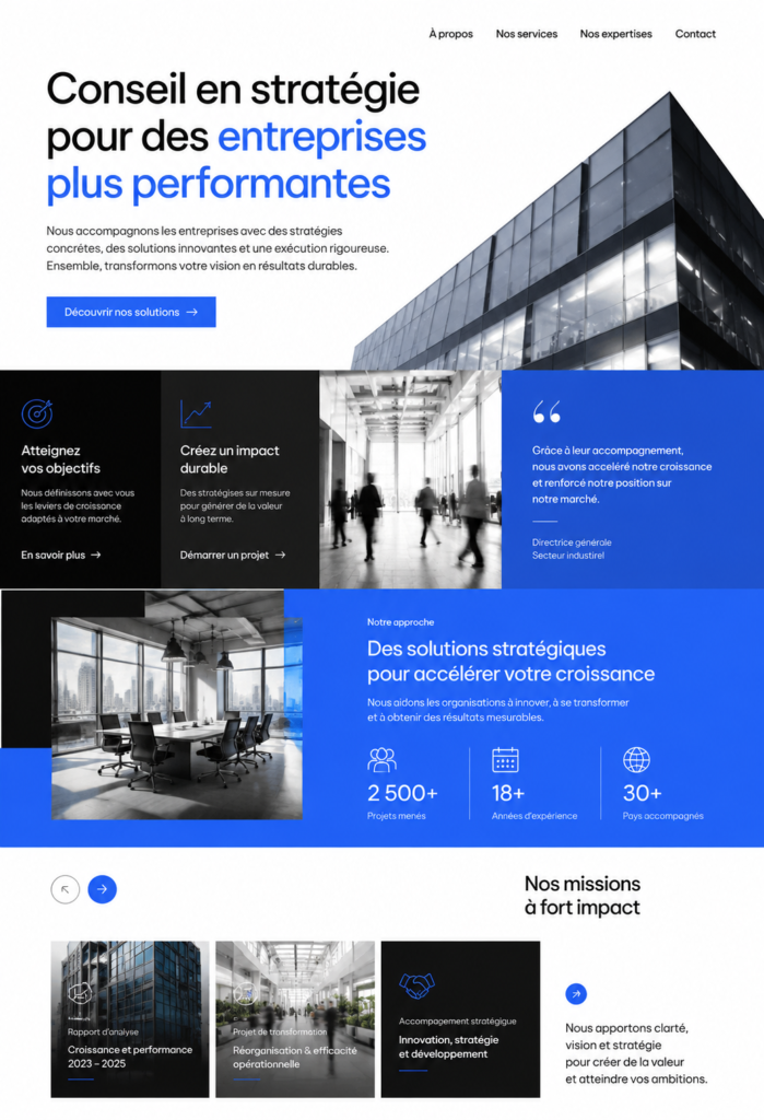 Une capture d'écran d'une page d'atterrissage efficace pour une agence de conseil en stratégie.