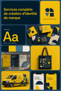 Design d'une identité de marque moderne et engageante, illustrant des éléments visuels et des couleurs distinctives.