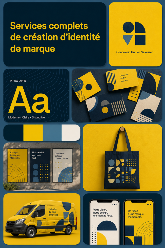 Design d'une identité de marque moderne et engageante, illustrant des éléments visuels et des couleurs distinctives.