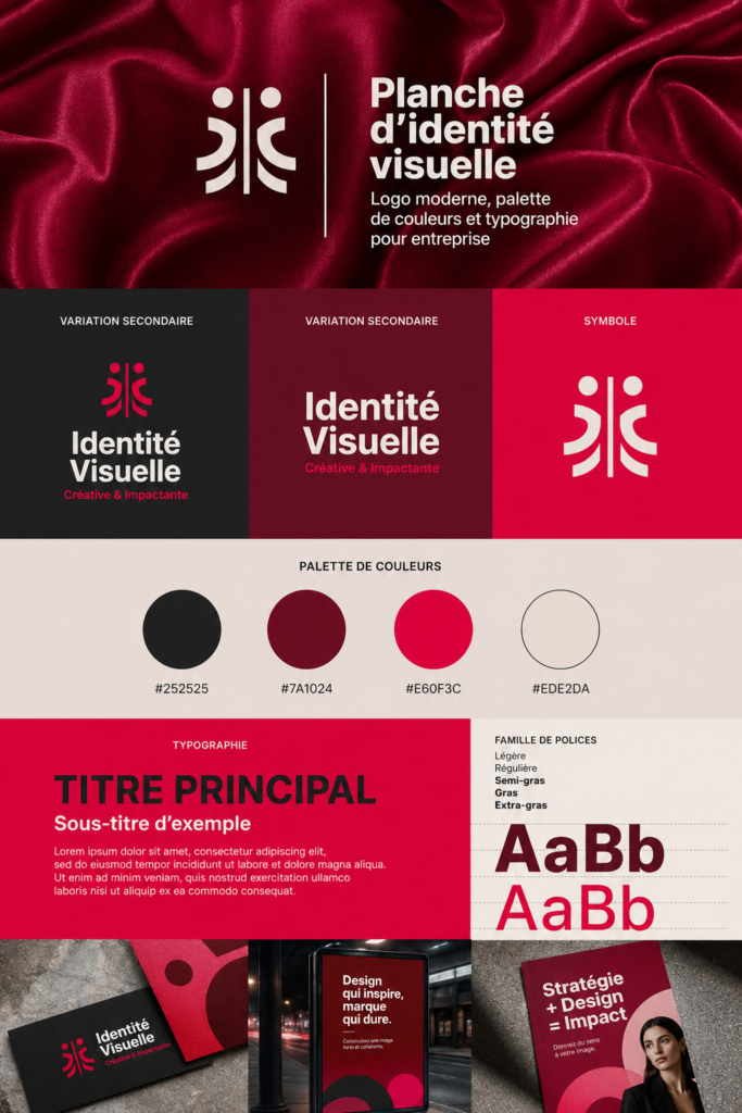 Exemple de tableau de marque moderne avec logo, palette de couleurs et typographie