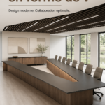 Table de conférence moderne en V dans un bureau contemporain