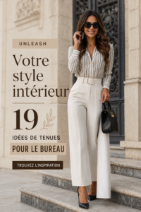 Femme élégamment habillée pour le bureau dans un style chic et professionnel.