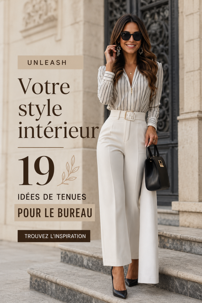 Femme élégamment habillée pour le bureau dans un style chic et professionnel.