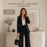 Femme élégante en tenue de bureau automnale avec veste légère et jupe