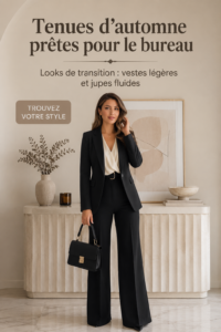 Femme élégante en tenue de bureau automnale avec veste légère et jupe