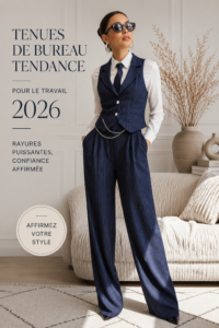 Collection de tenues de bureau tendances pour 2026 mettant en avant des motifs et styles variés.