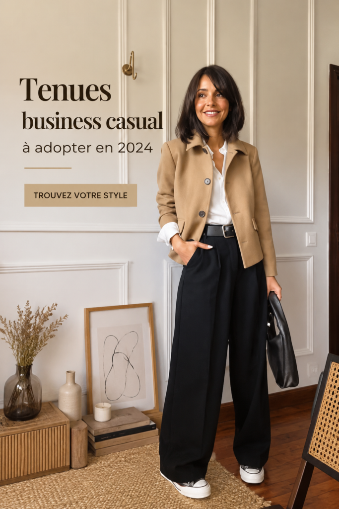 Femme portant une tenue business casual élégante pour le travail.