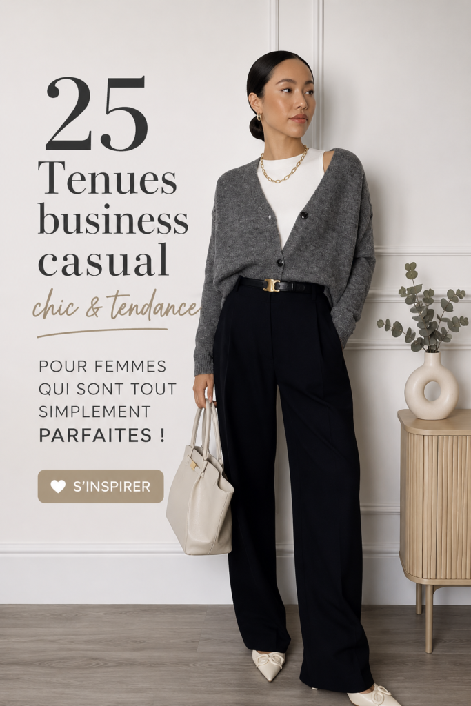 Femme élégante en tenue business casual avec blazer et pantalon chic.