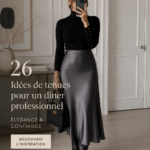 Une femme élégamment habillée pour un dîner professionnel, combinant chic et professionnalisme.