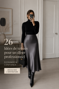 Une femme élégamment habillée pour un dîner professionnel, combinant chic et professionnalisme.