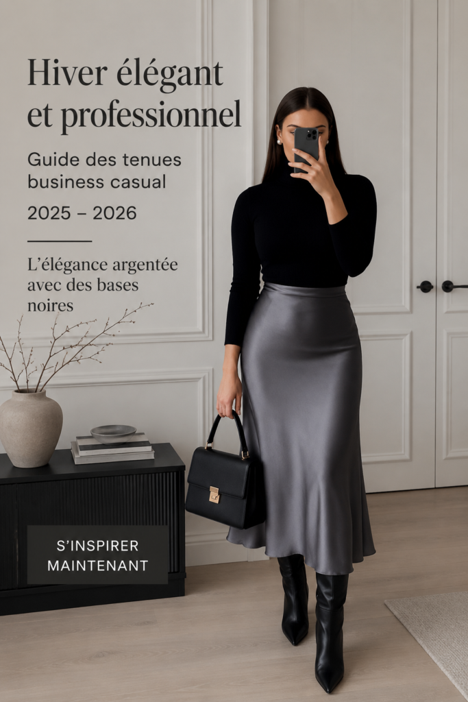 Tenue élégante de bureau en hiver avec une combinaison de couleurs argent et noir
