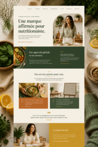 Illustration d'une nutritionniste créant une identité de marque audacieuse avec des éléments graphiques colorés.