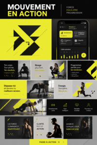 Vue d'une séance de fitness mettant en avant le branding du club avec des couleurs vives et un logo distinctif